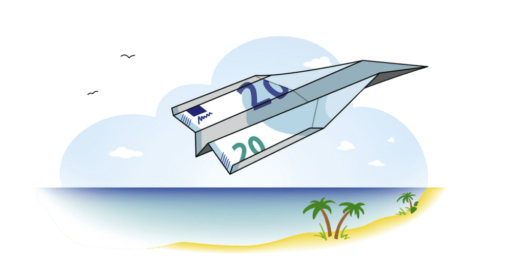 An illustration showing a 20 euro banknote folded to form a paper aeroplane that is flying over a tropical island.