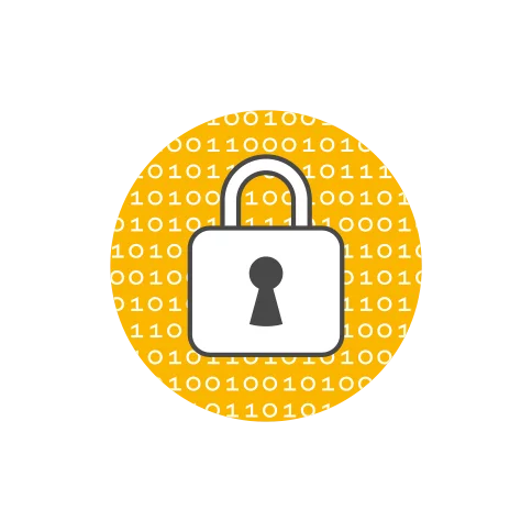 A padlock in front of a background of rows of binary numbers.